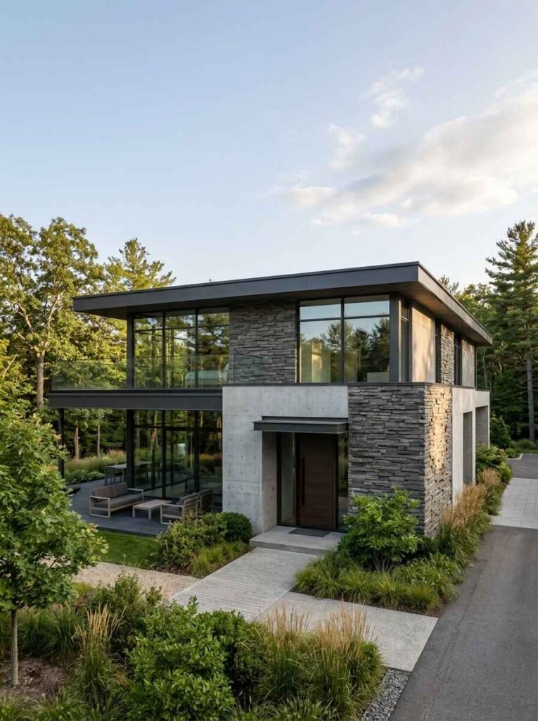 Contemporary architectural house exterior with steel-style floor-to-ceiling glass windows, dark stone veneer, concrete accent walls, and a flat roofline.
