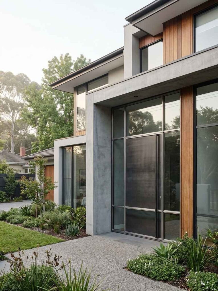 Contemporary industrial estate entry featuring a dark metal pivot front door integrated into a multi-pane glass facade
