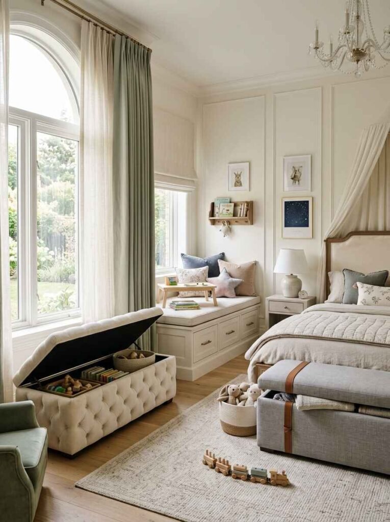 Tufted cream storage ottoman with an open lid displaying neatly organized toys at the foot of an upholstered single bed.