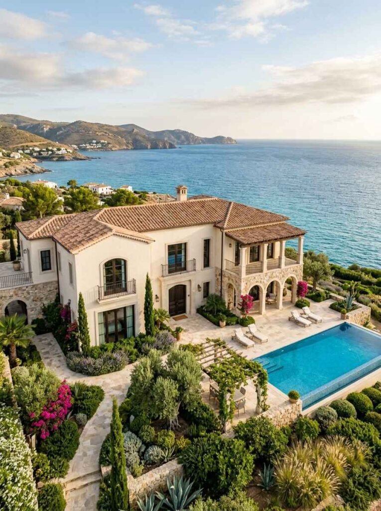 Mediterranean luxury villa exterior with smooth cream stucco walls, terracotta roof tiles, and oceanfront infinity pool