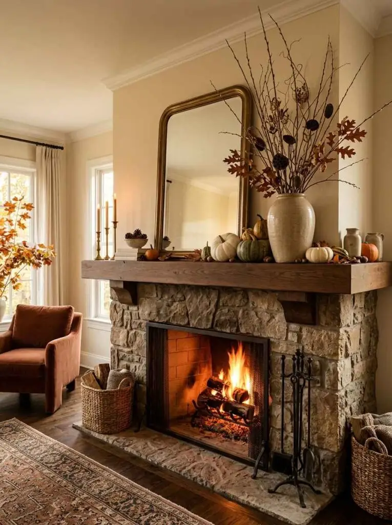 Rustic stone fireplace mantel styled with tall dried oak branches in an earthenware vase next to a gilded mirror.