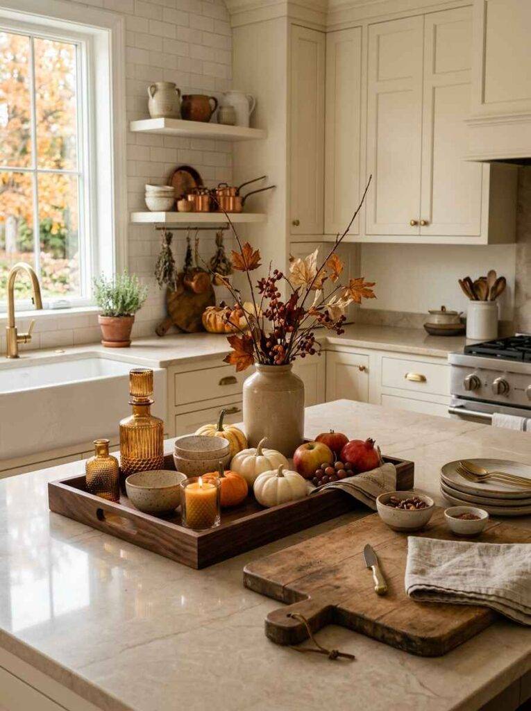 Marble kitchen countertop with a dark wood tray holding amber glass bottles, small white pumpkins, and a vase of autumn leaves.