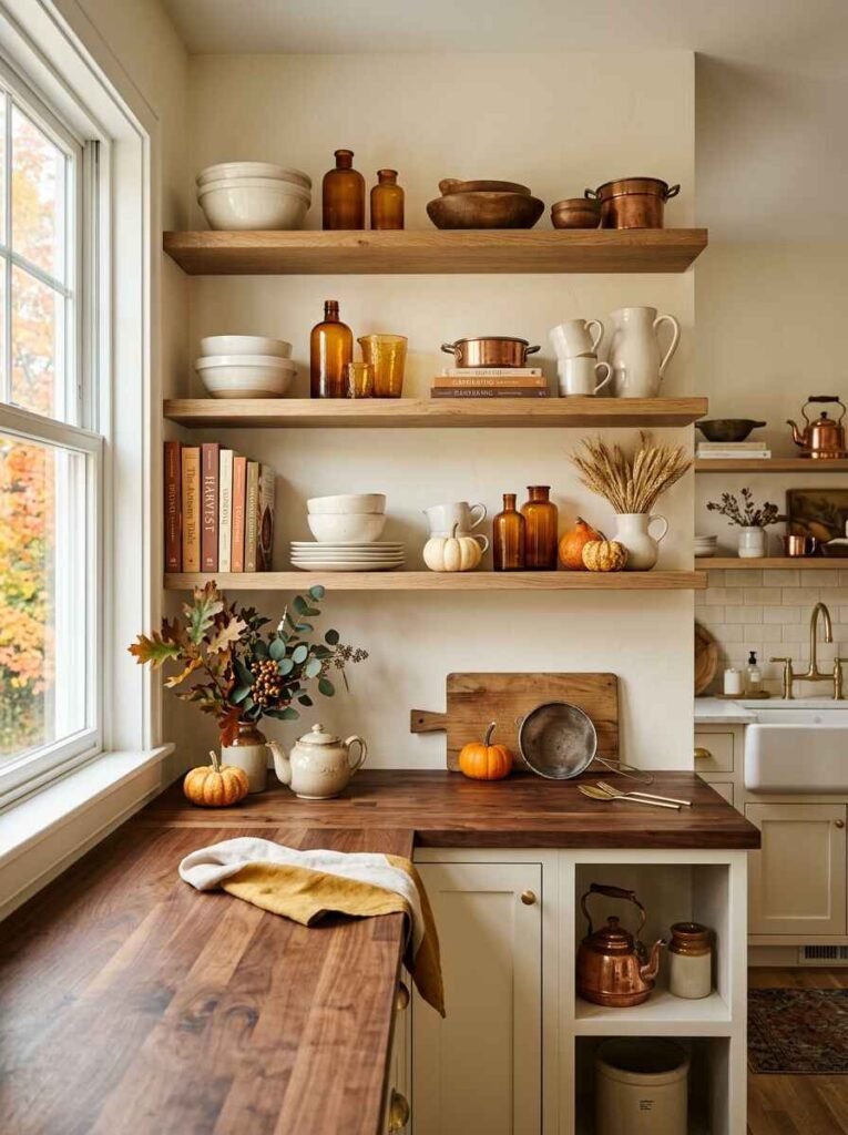 Open wood kitchen shelving styled with vintage amber bottles, cream ceramic dishware, autumn cookbooks, and mini gourds.
