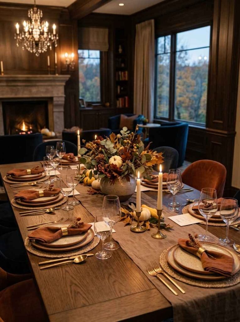Low-profile ceramic vase centerpiece filled with fall foliage and white pumpkins, designed for open conversation.