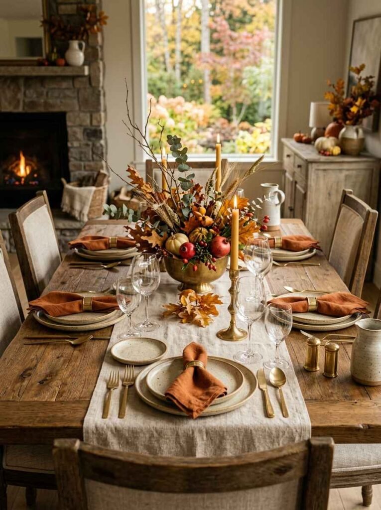 Reclaimed wood dining table set with a brass footed bowl centerpiece, linen runner, and warm terracotta accents.