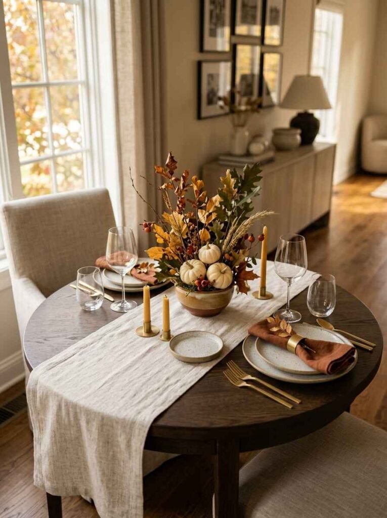 Round dark wood dining table styled for small spaces with a compact pumpkin arrangement and cream runner.