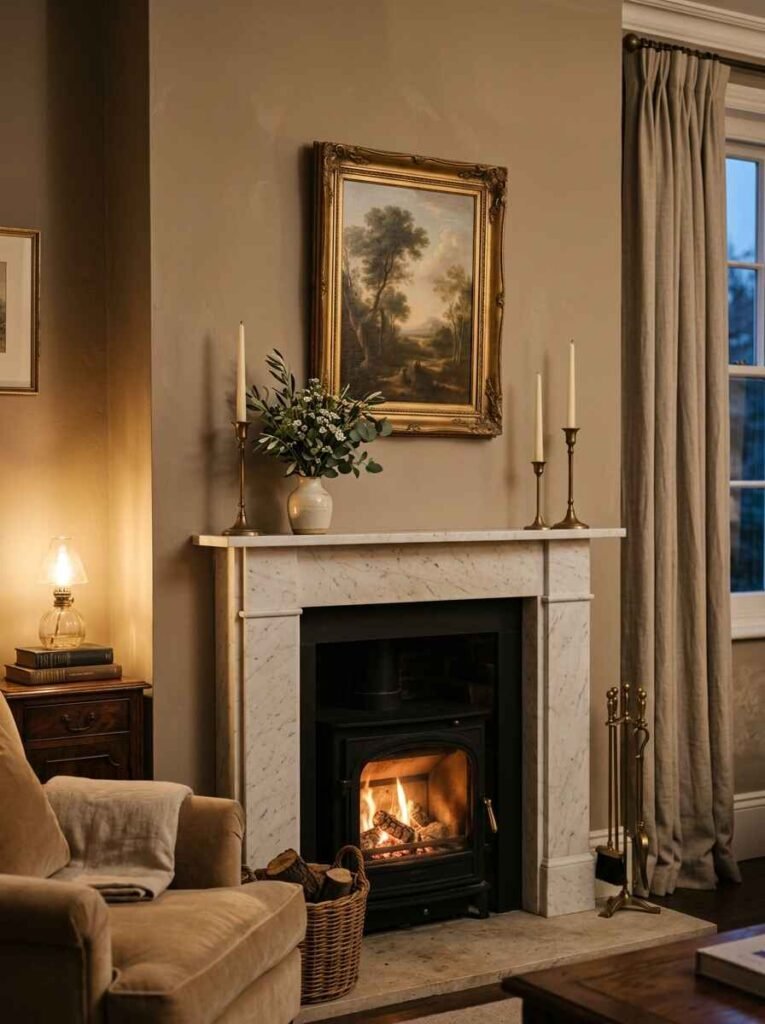 Small marble fireplace surround decorated with minimal brass taper holders, small floral bud vase, and framed artwork.