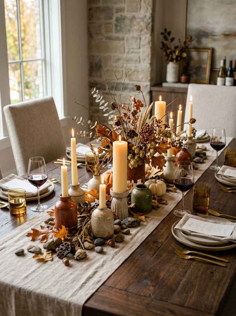Low autumn centerpiece with ceramic vessels, taper candles, dried foliage, and small gourds arranged on a linen runner.