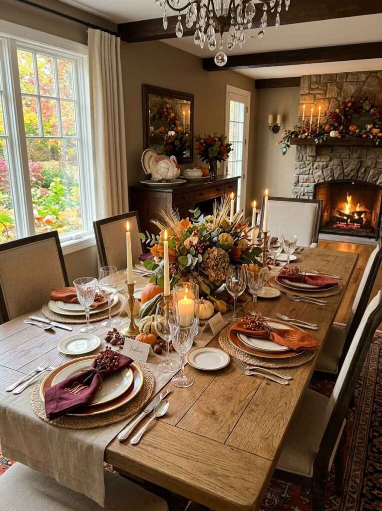 Elegant Thanksgiving dining table set with woven chargers, burgundy cloth napkins, name cards, brass taper candles, and a flower arrangement.