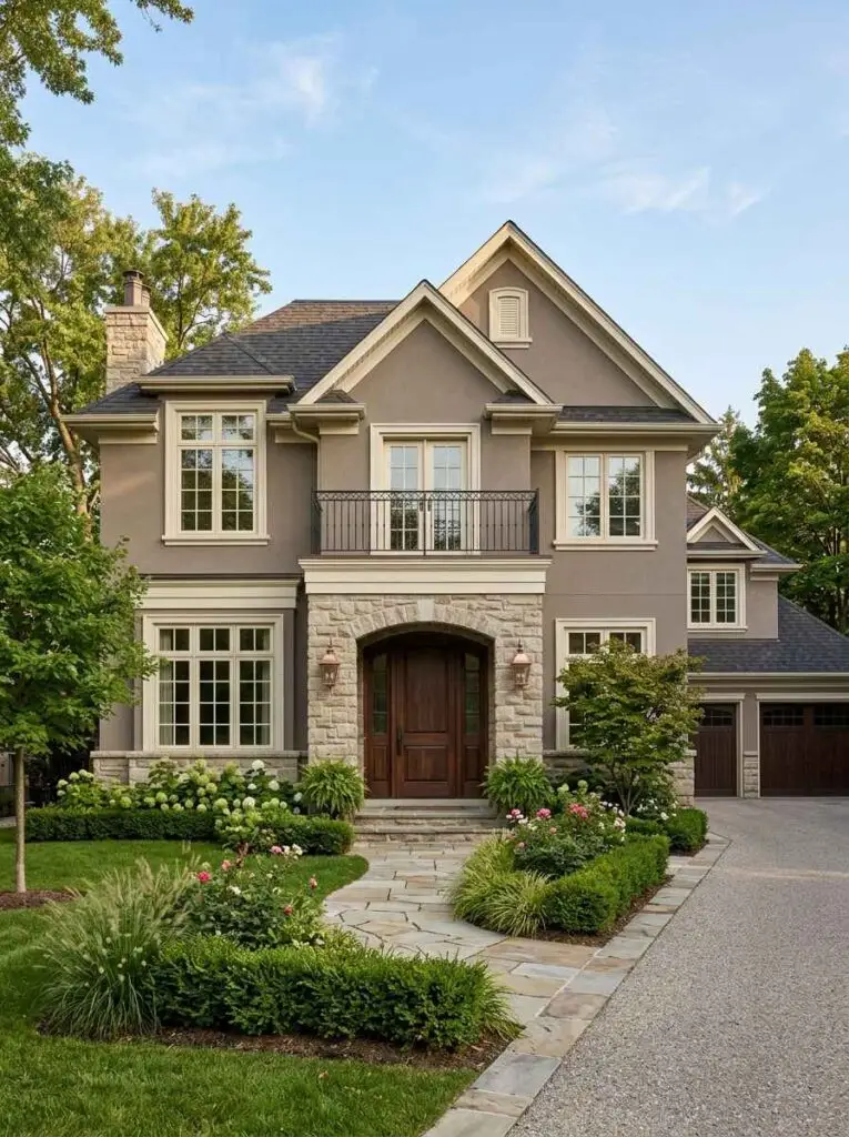 Elegant two-story luxury house showcasing warm taupe exterior walls, stone entry archway, creamy trim, and dark wood doors.