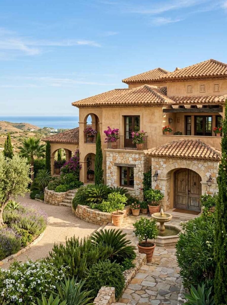Spanish Mediterranean estate facade featuring red clay terracotta roof tiles, rustic stone accents, and lush garden courtyard
