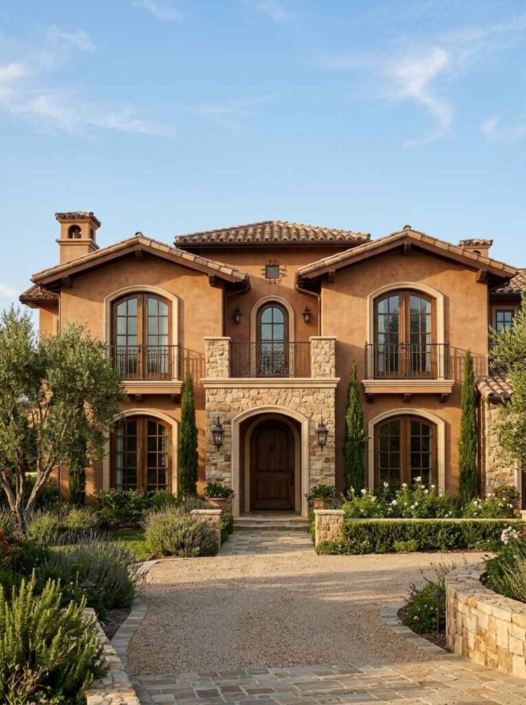 Spanish Revival luxury villa with warm terracotta stucco walls, natural stone accents, arched windows, and dark wood doors.