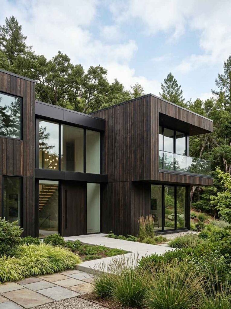 Modern cantilevered home exterior featuring dark thermally modified wood vertical cladding and floor-to-ceiling glass windows