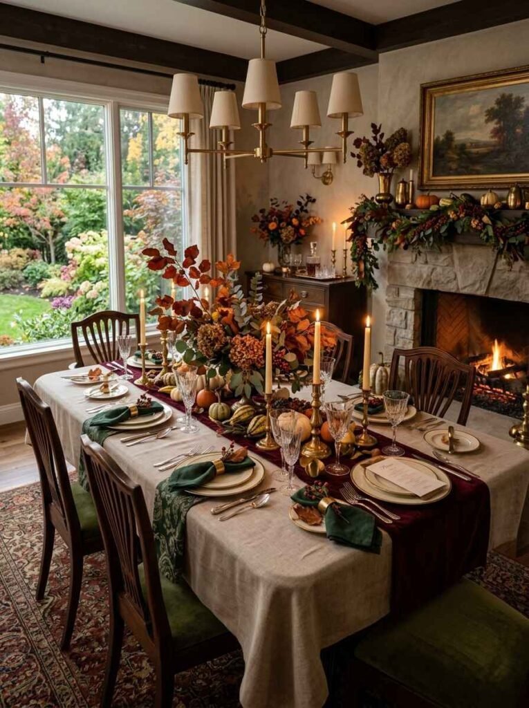 Elegant Thanksgiving dining table setup featuring a deep green velvet runner, rich burgundy leaf centerpiece, brass chandeliers, and full place settings for holiday dining.