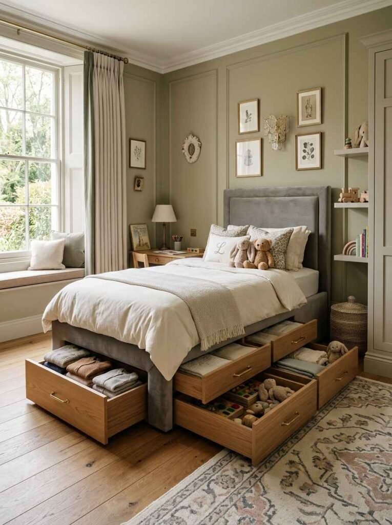 Grey upholstered single bed featuring pull-out wooden storage drawers beneath holding folded clothing and wooden toys.