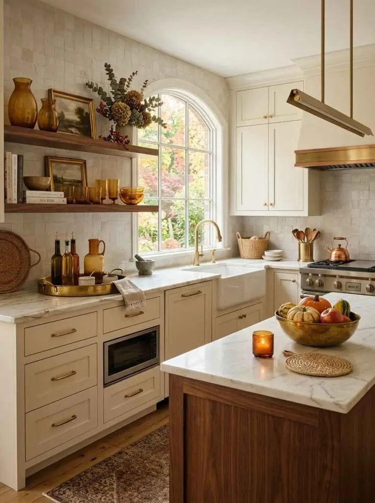 Elegant white kitchen with brass hardware, amber glass bottles on a wood tray, and a warm brass fruit bowl filled with pomegranates.