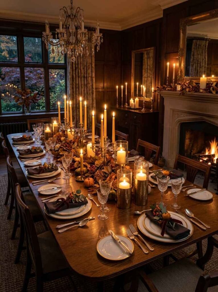 Moody autumn dining room glowing with a cluster of brass taper candles, glass pillar hurricane lights, and dark wood wall paneling.