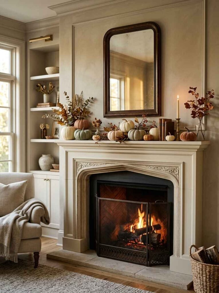 Classic cream fireplace mantel adorned with muted sage green, blush, and white heirloom pumpkins and small botanical sprigs.