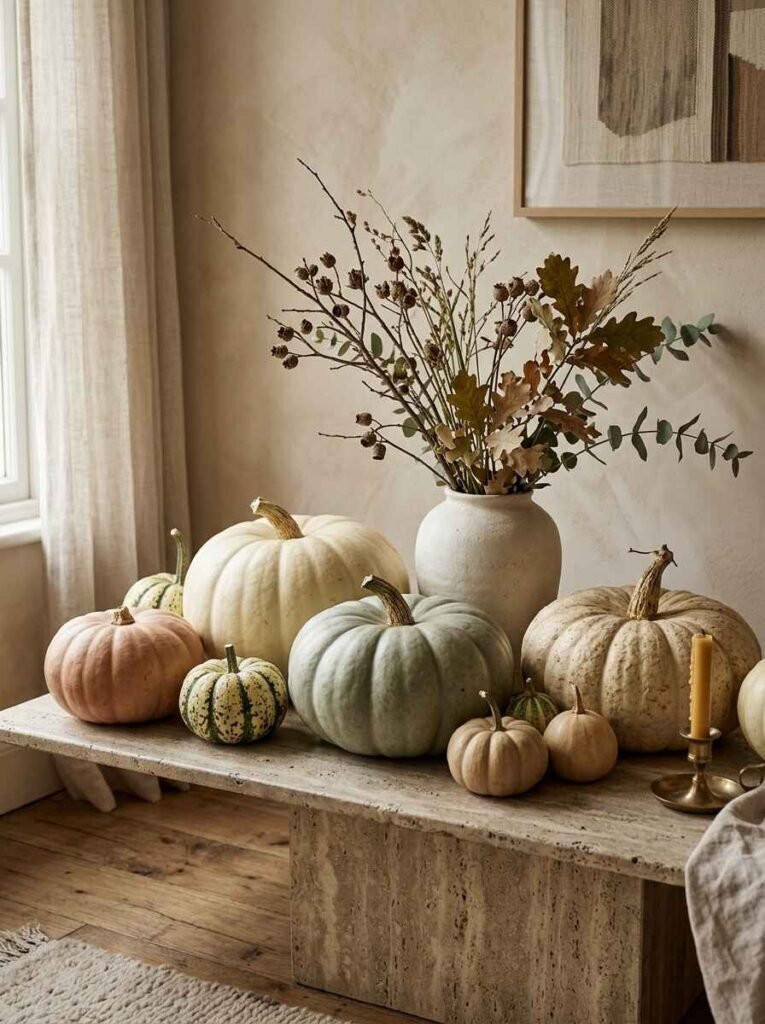 Minimalist autumn arrangement of heirloom neutral pumpkins, muted green gourds, and a ceramic vase with dried oak branches on a stone travertine coffee table.