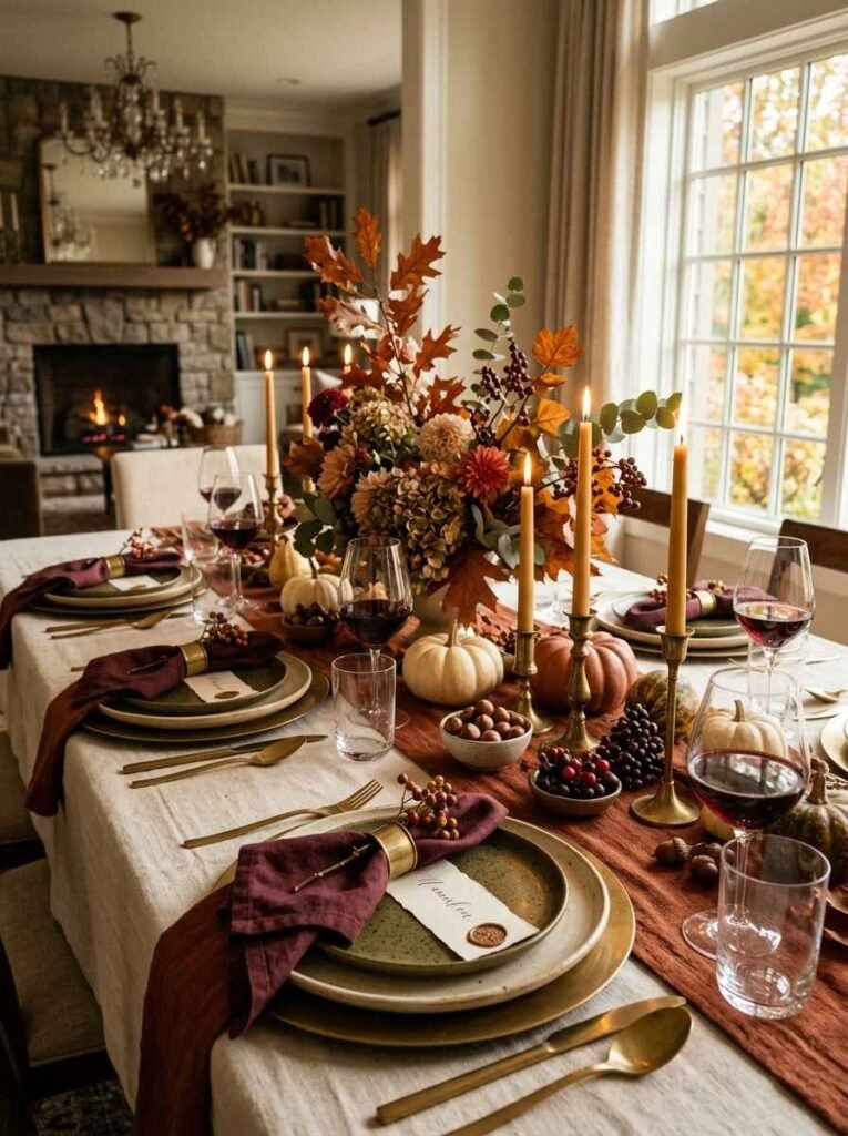 Luxurious fall tablescape featuring deep burgundy linen napkins, rust runner, brass flatware, and seasonal foliage.