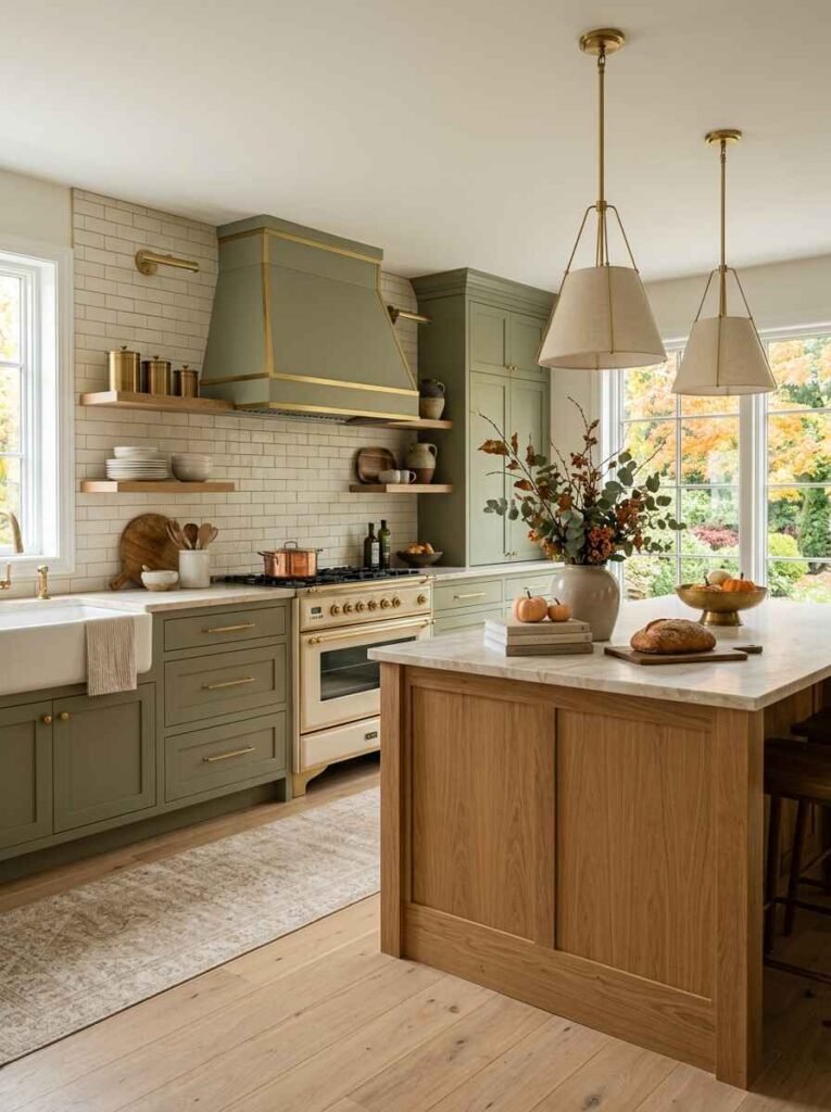 Refined kitchen with sage green cabinets, cream tile backsplash, natural wood island, and brass pendant lighting for autumn.
