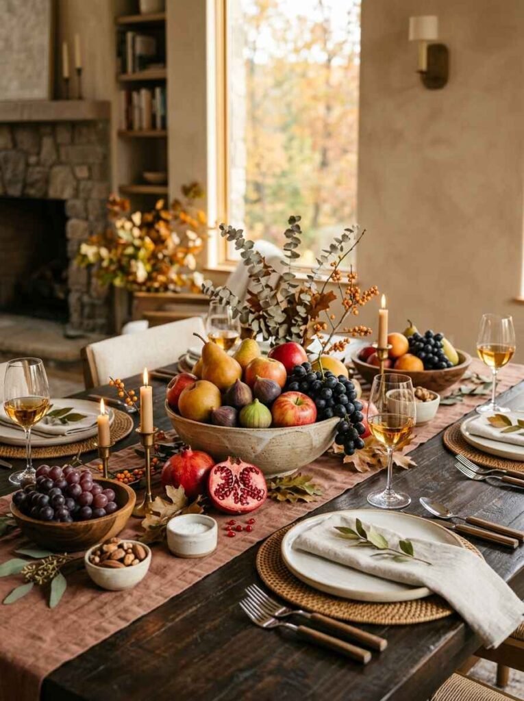 Ceramic bowl filled with fresh pears, figs, apples, and dark grapes serving as a natural autumn table centerpiece.
