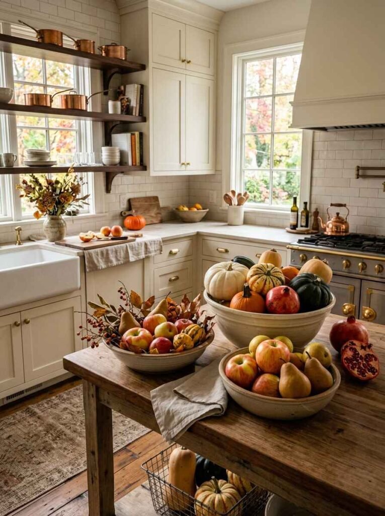 Rustic wooden kitchen table topped with large ceramic bowls filled with red apples, pears, pomegranates, and heirloom squash.
