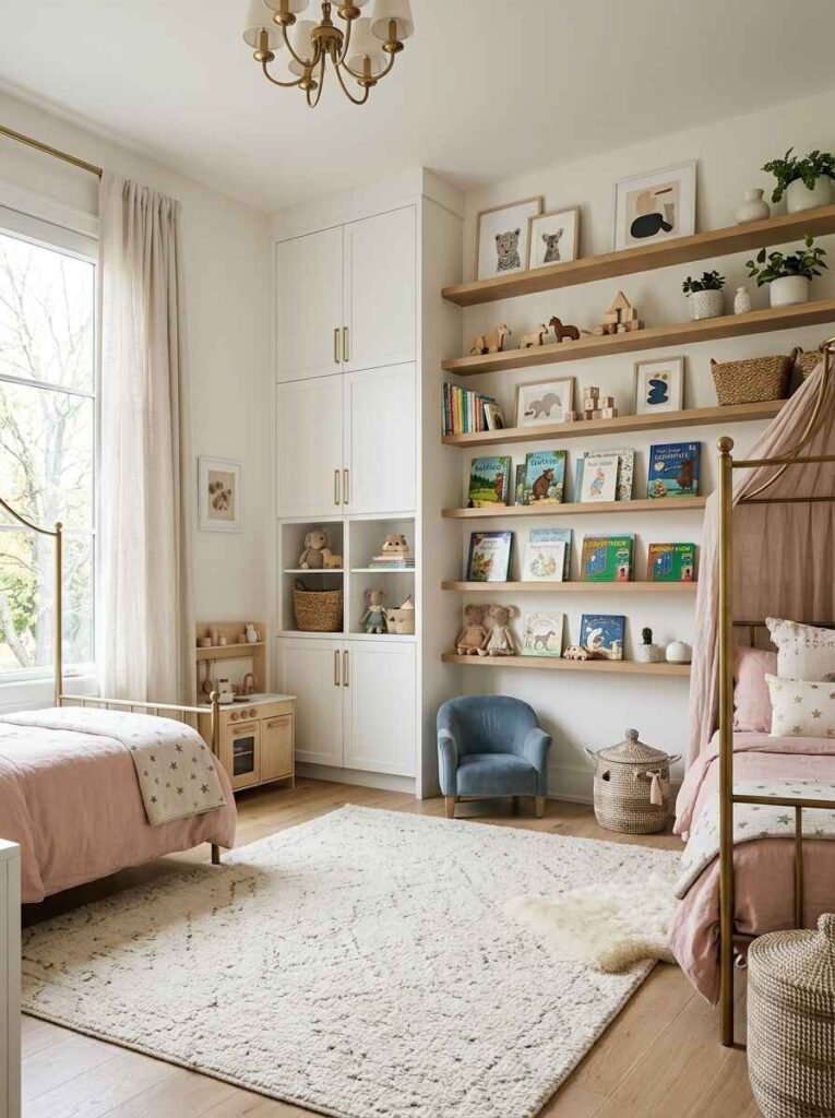 Cream floor-to-ceiling corner wardrobe paired with long wooden floating wall shelves displaying books and toys above a child seat.