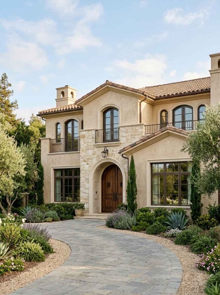 Mediterranean luxury home displaying textured warm beige stucco, limestone entry surround, dark bronze windows, and tile roofing.