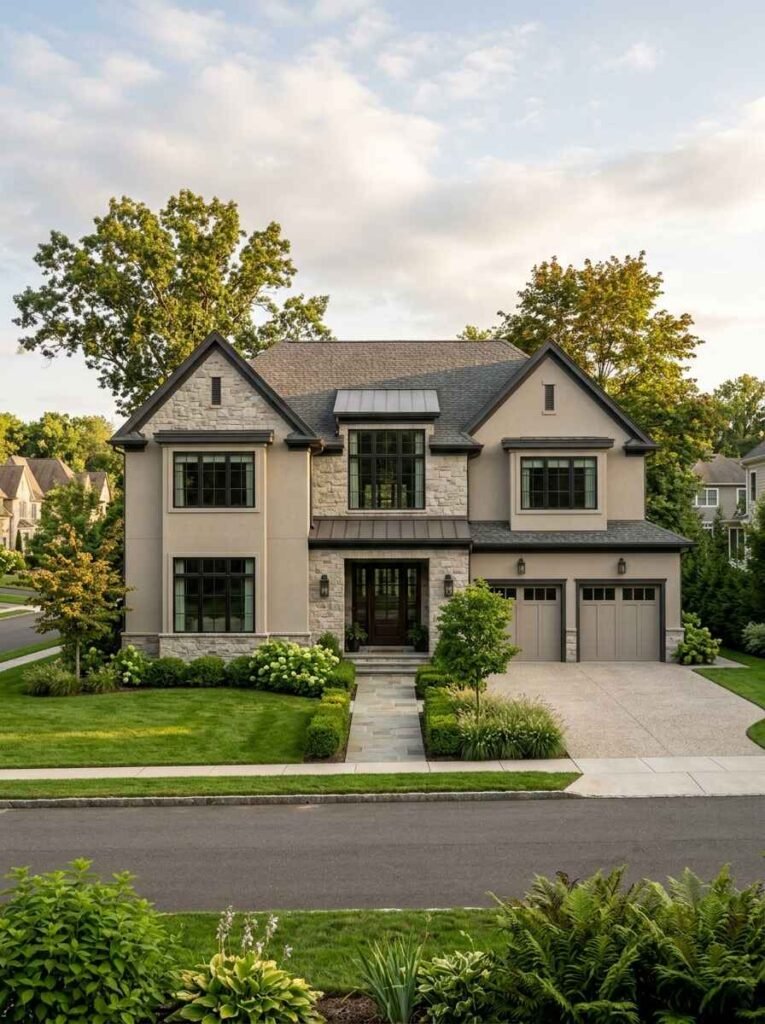 High-end suburban estate with warm greige exterior paint, light stone veneer details, dark architectural window grids, and dark trim.