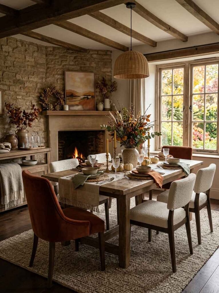 Tactile fall dining setup featuring bouclé dining chairs, rust velvet host armchairs, a woven jute rug, and an exposed stone wall with a fireplace.