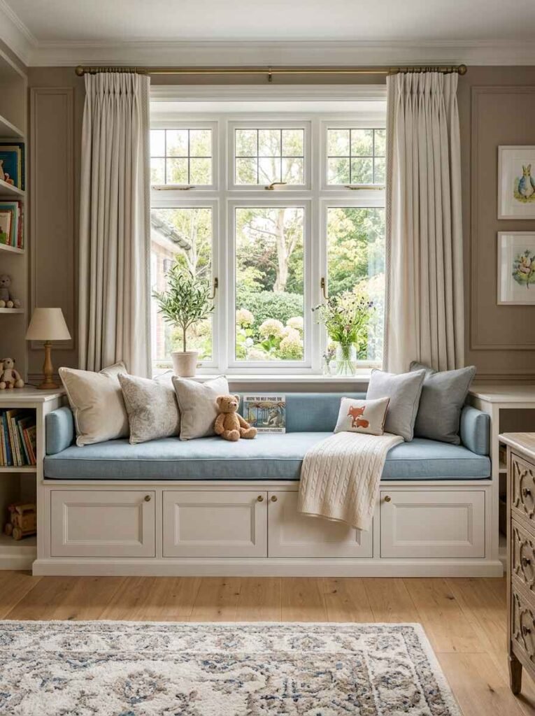 Soft blue upholstered window bench with built-in lower storage cabinets, side bookcases, and elegant drape curtains.