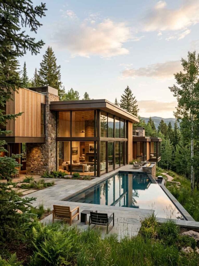 Two-story luxury home exterior blending warm horizontal timber siding, fieldstone chimney, dark metal standing seam roof, and glass balcony railings