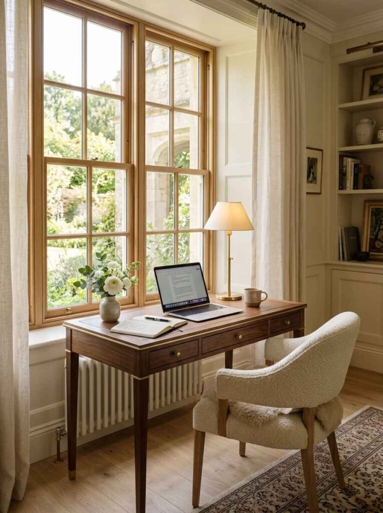 Slim wooden writing desk with brass accent trim positioned by a large window, featuring a laptop and cozy bouclé accent chair