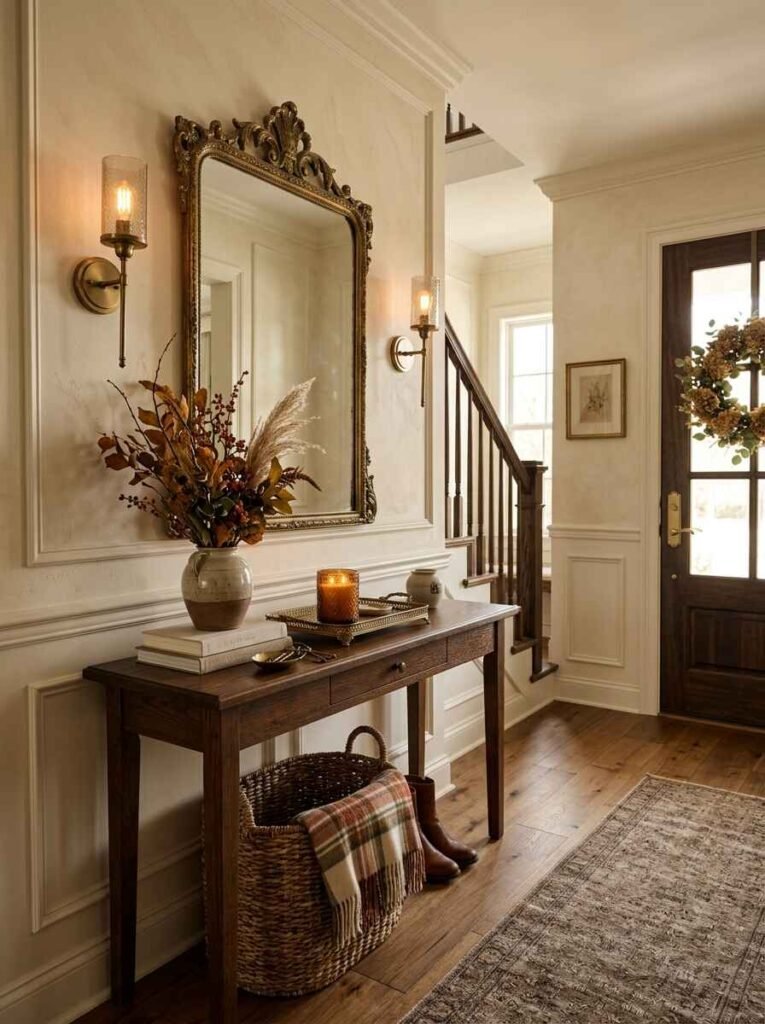 Elaborate antique brass arched mirror flanked by glowing wall sconces on a wainscoted foyer wall.