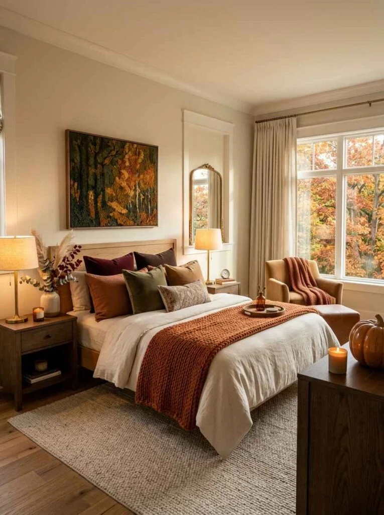 Cozy bedroom styled with rust orange throw blankets, deep plum and olive accent pillows, warm bedside lamp light, and autumn forest wall art.