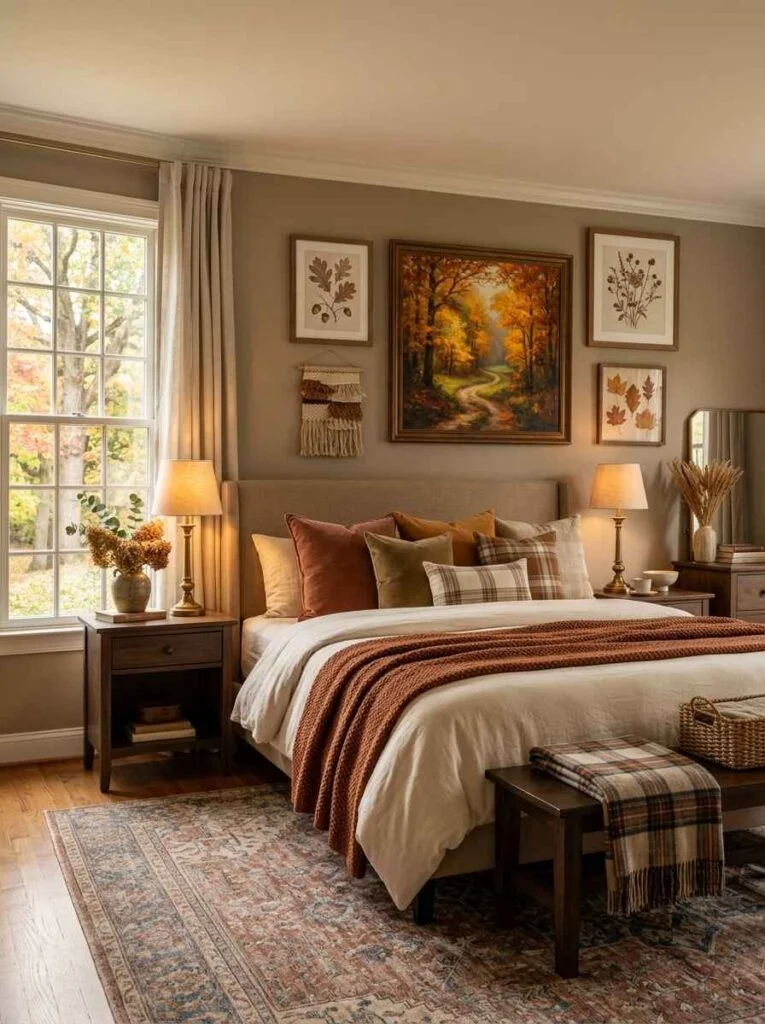 Bedroom gallery wall styled above the headboard with framed autumn landscape oil paintings, botanical prints, and a textured woven wall hanging.
