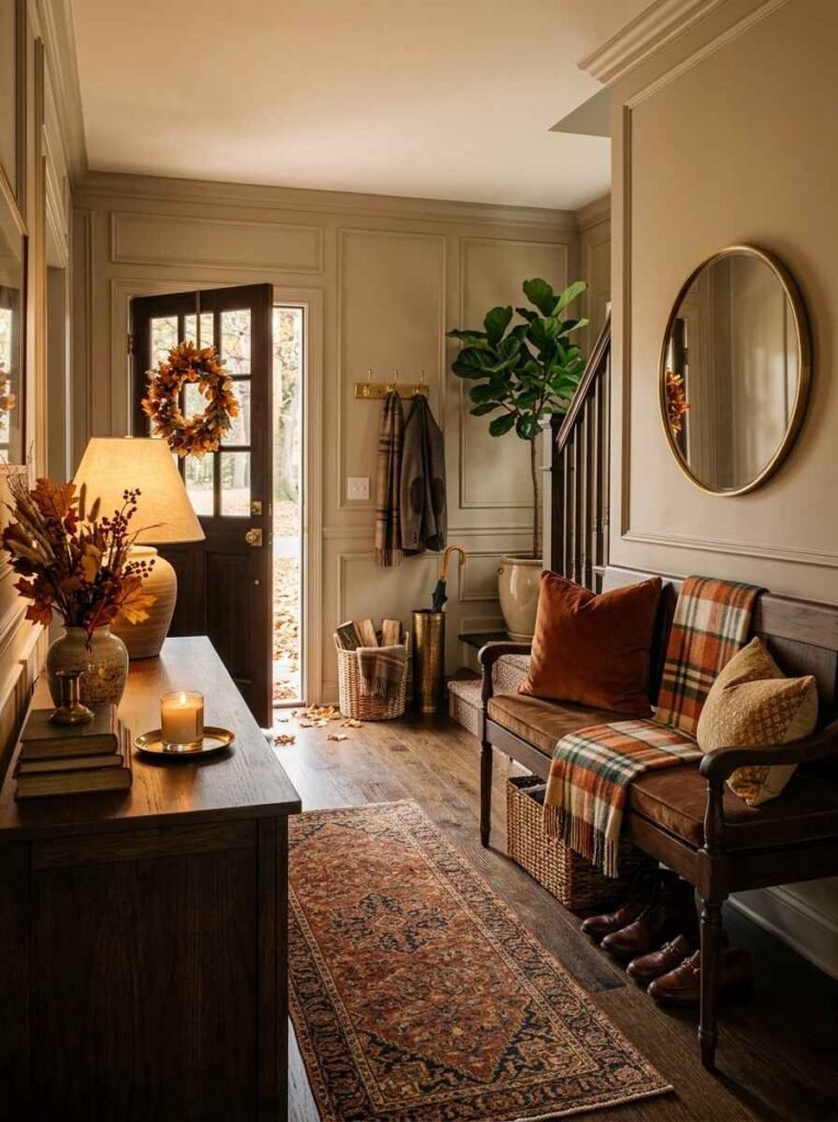 Wooden entryway bench styled with plush velvet cushions and a plaid throw blanket for cozy autumn seating.