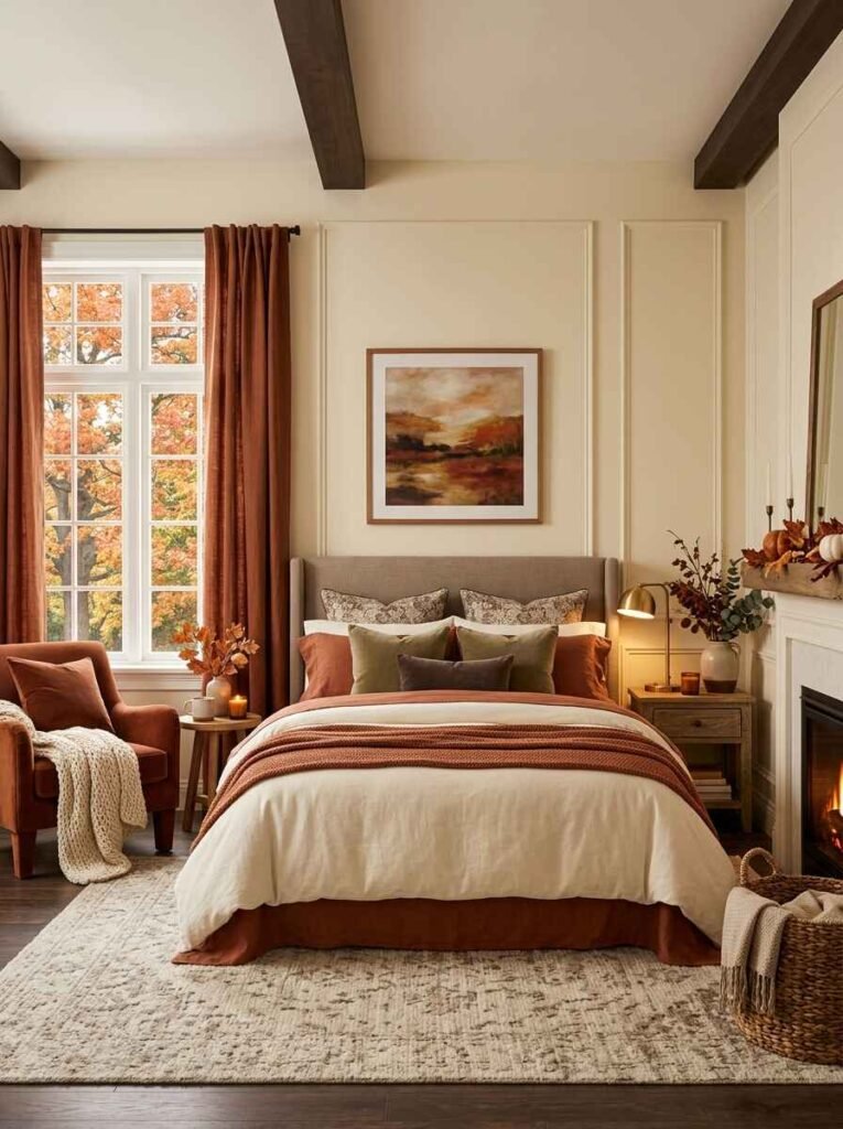 Warm fall bedroom color palette with rust curtains, terracotta duvet cover, muted olive accent pillows, and dark wood ceiling beams. Fall Bedroom Decor