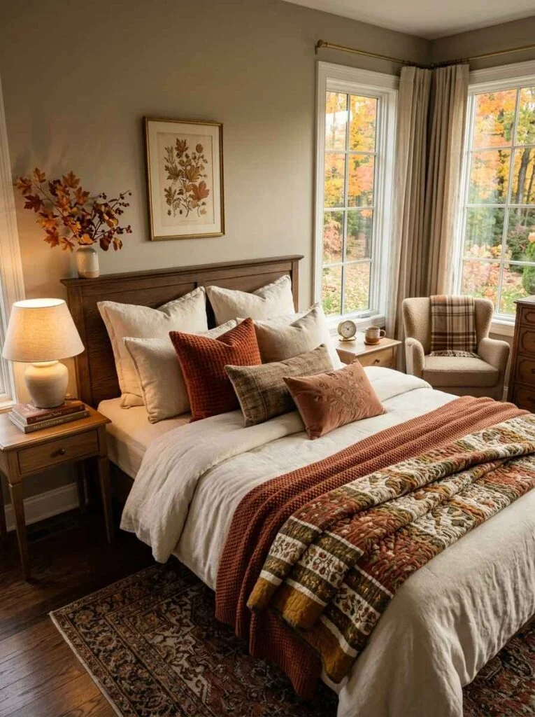 Elegant fall bedding setup featuring neutral linen sheets, rust-colored decorative pillows, and a patterned quilt folded at the foot of a wooden bed.