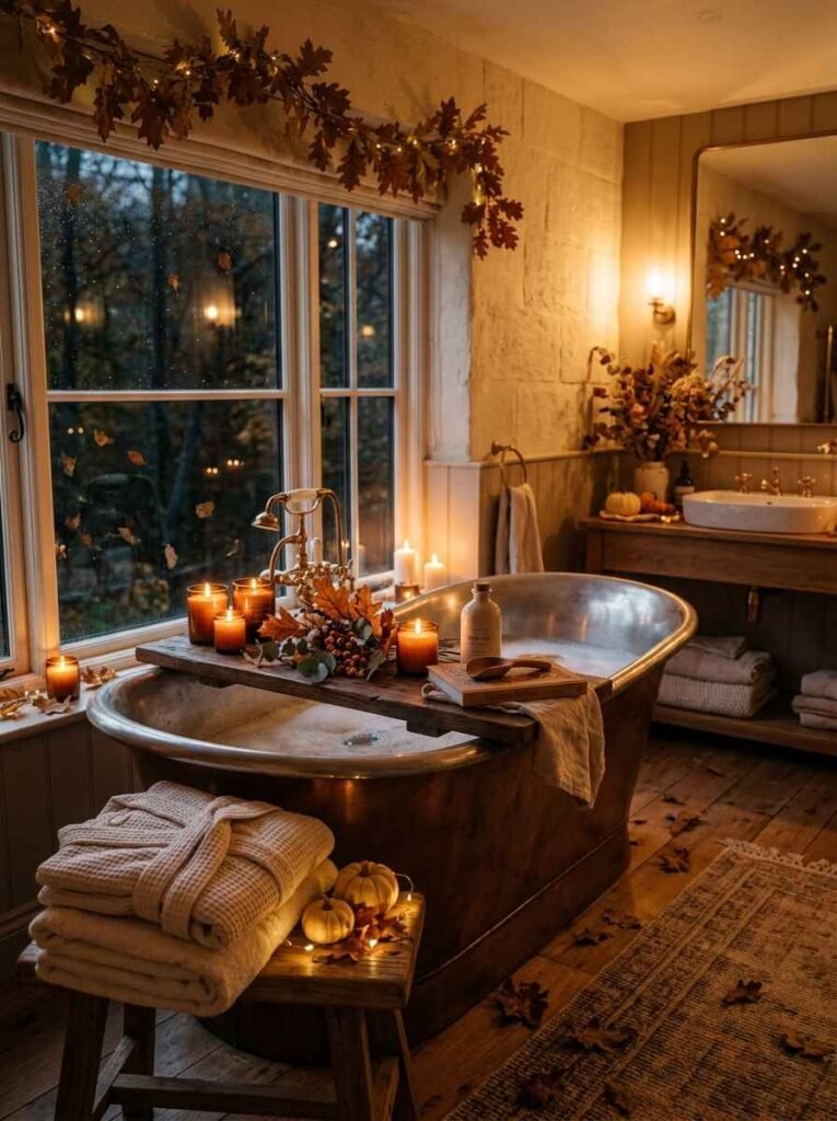 Moody autumn bathroom featuring a vintage copper freestanding bathtub, wooden bath caddy with glowing candles, leaf garland, and warm sconce lighting.