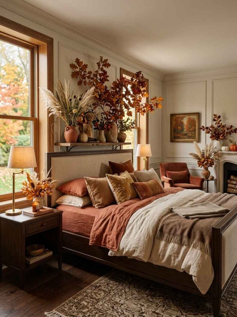 Warm fall bedroom decor featuring rust terracotta linen bedding, layered neutral throws, brass bedside lamp, and dried oak branch arrangement above the headboard.