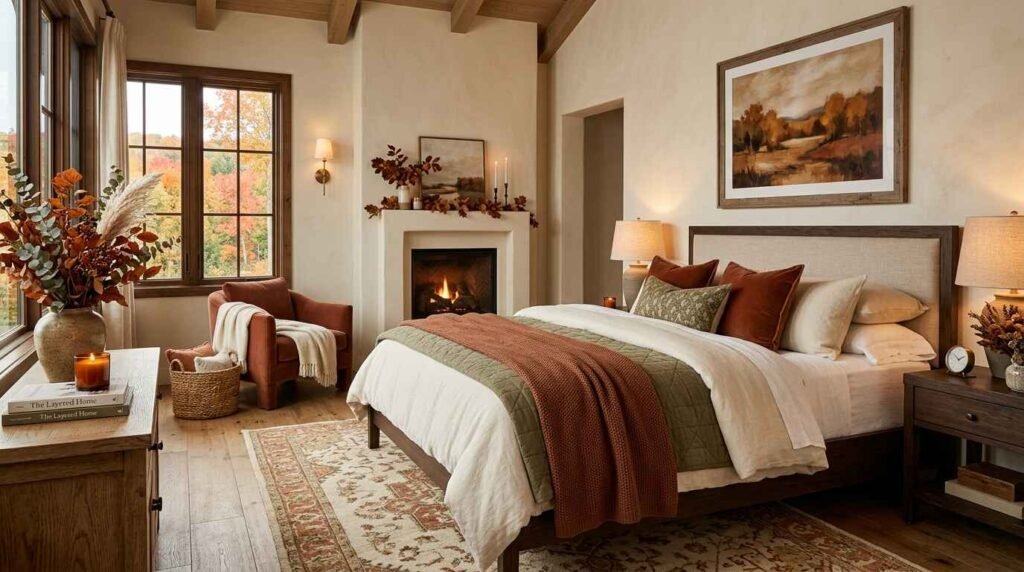 Warm and cozy fall bedroom featuring layered rust bedding, a soft olive green quilt, a stone fireplace, and scenic autumn trees outside the window.
