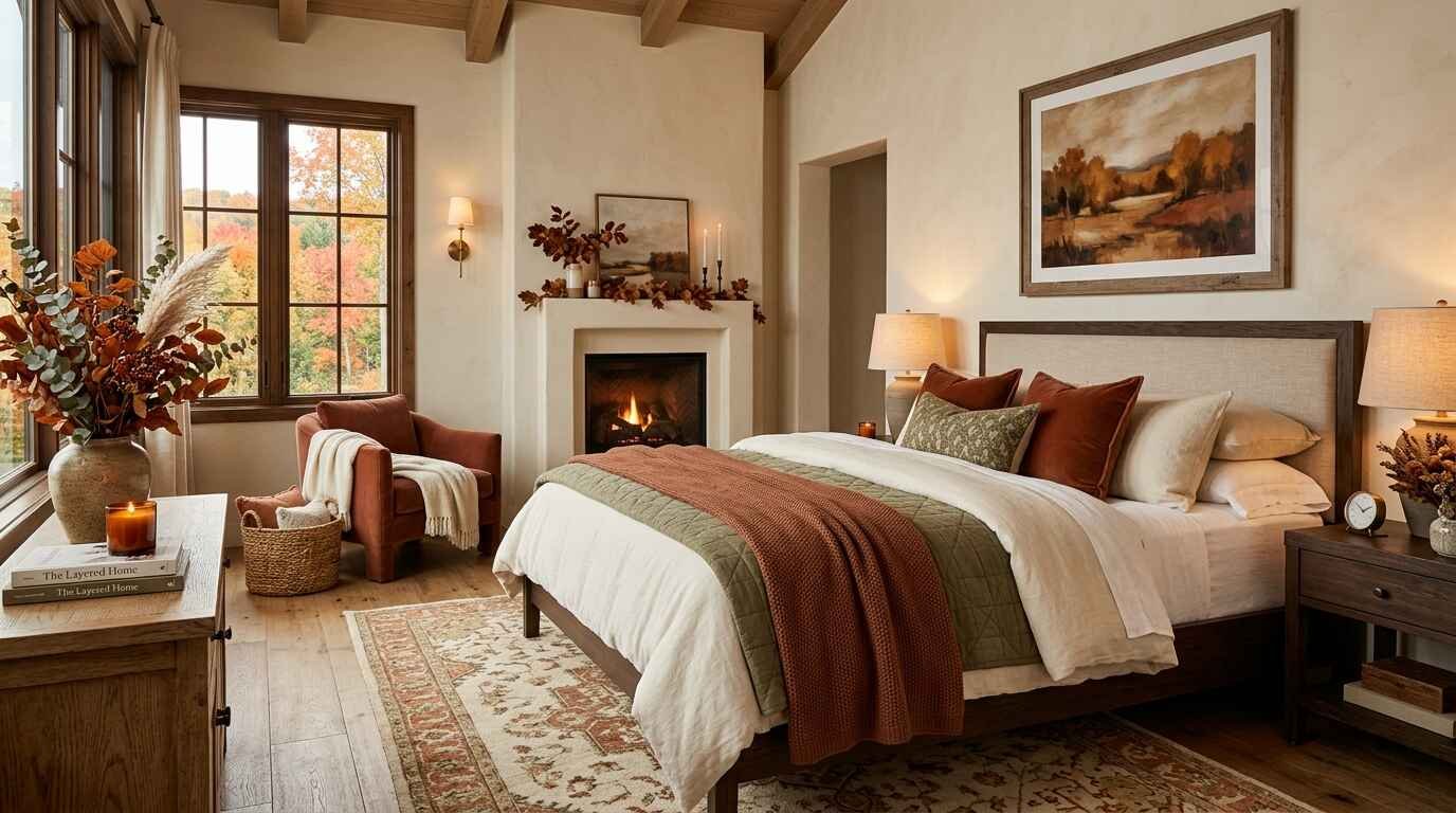 Warm and cozy fall bedroom featuring layered rust bedding, a soft olive green quilt, a stone fireplace, and scenic autumn trees outside the window.