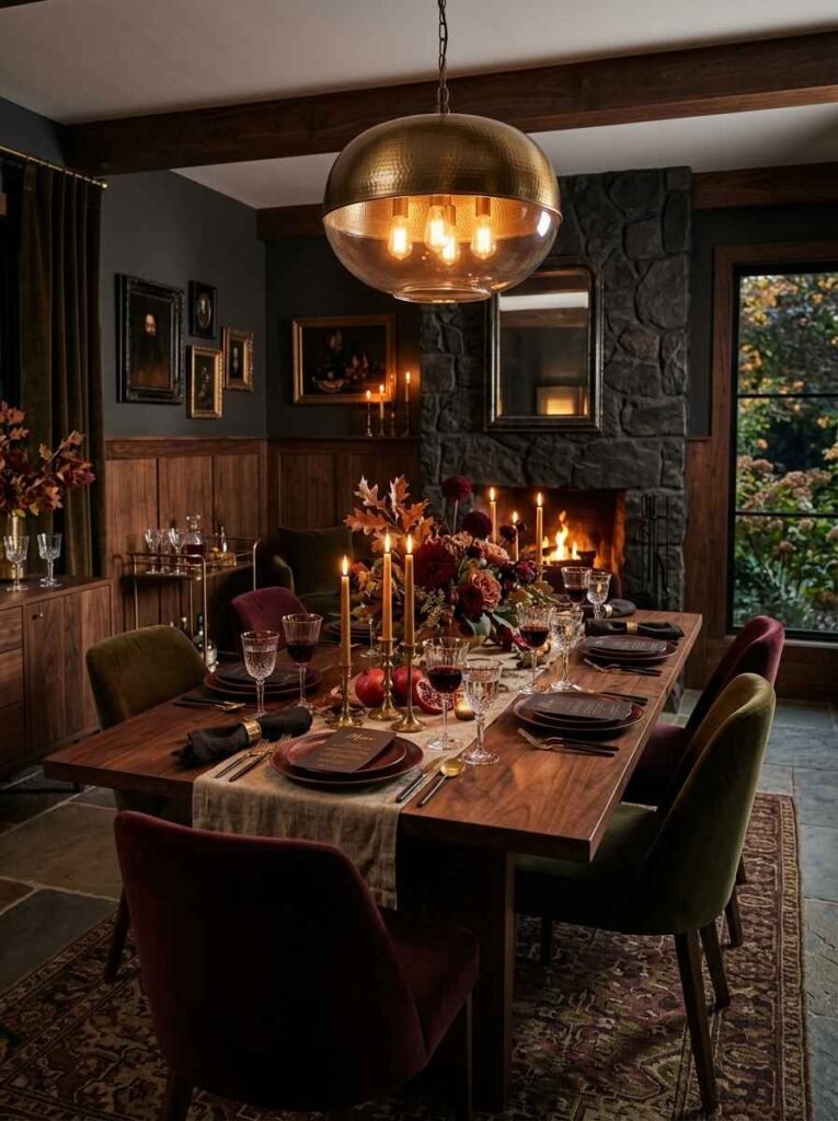 Moody dark fall dining room featuring a solid wood table set with burgundy velvet chairs, brass taper candles, floral centerpiece, and a hammered brass pendant light.