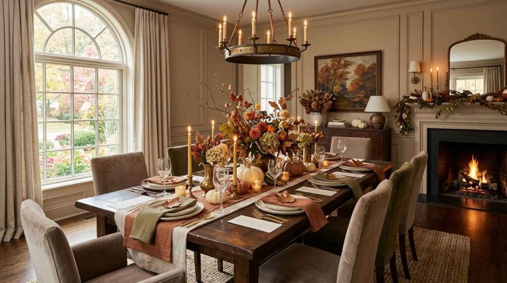 Elegant fall dining room set with a grand flower centerpiece, glowing taper candles, folded linen napkins, and a warm stone fireplace in the background.