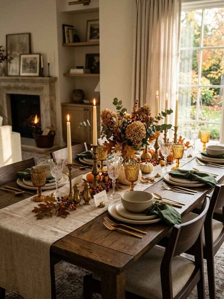 Elegant fall dining table setting featuring a natural linen runner, amber glass stemware, brass taper candlesticks, and a dried botanical centerpiece.