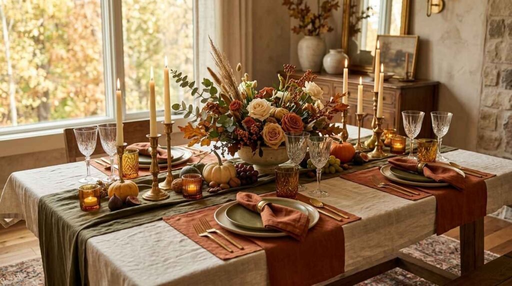 Luxurious fall dining table adorned with olive green runner, terracotta napkins, amber votives, and warm floral centerpiece.