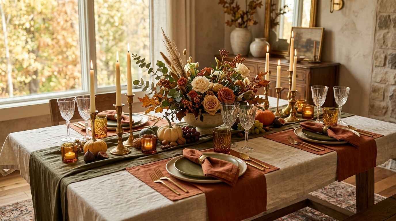 Luxurious fall dining table adorned with olive green runner, terracotta napkins, amber votives, and warm floral centerpiece.