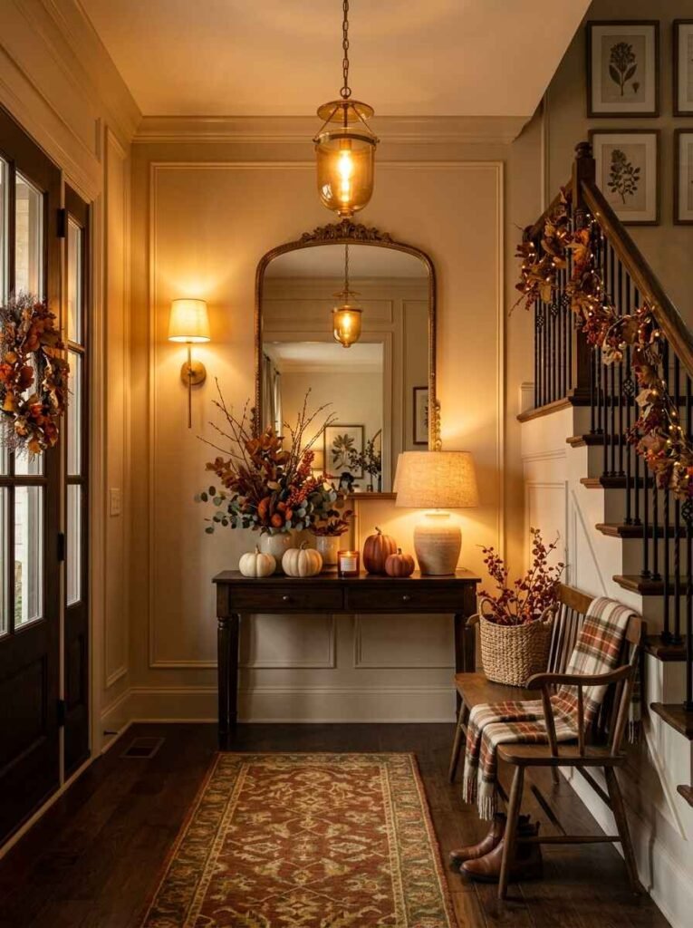 Welcoming fall entryway foyer featuring a dark wood console table, arched mirror, warm ambient lamp lighting, neutral pumpkins, and a vintage runner rug.